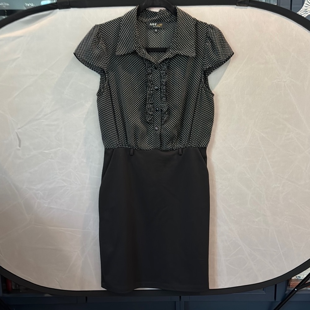Black Ruffled Sheath Dress with Notched Collar